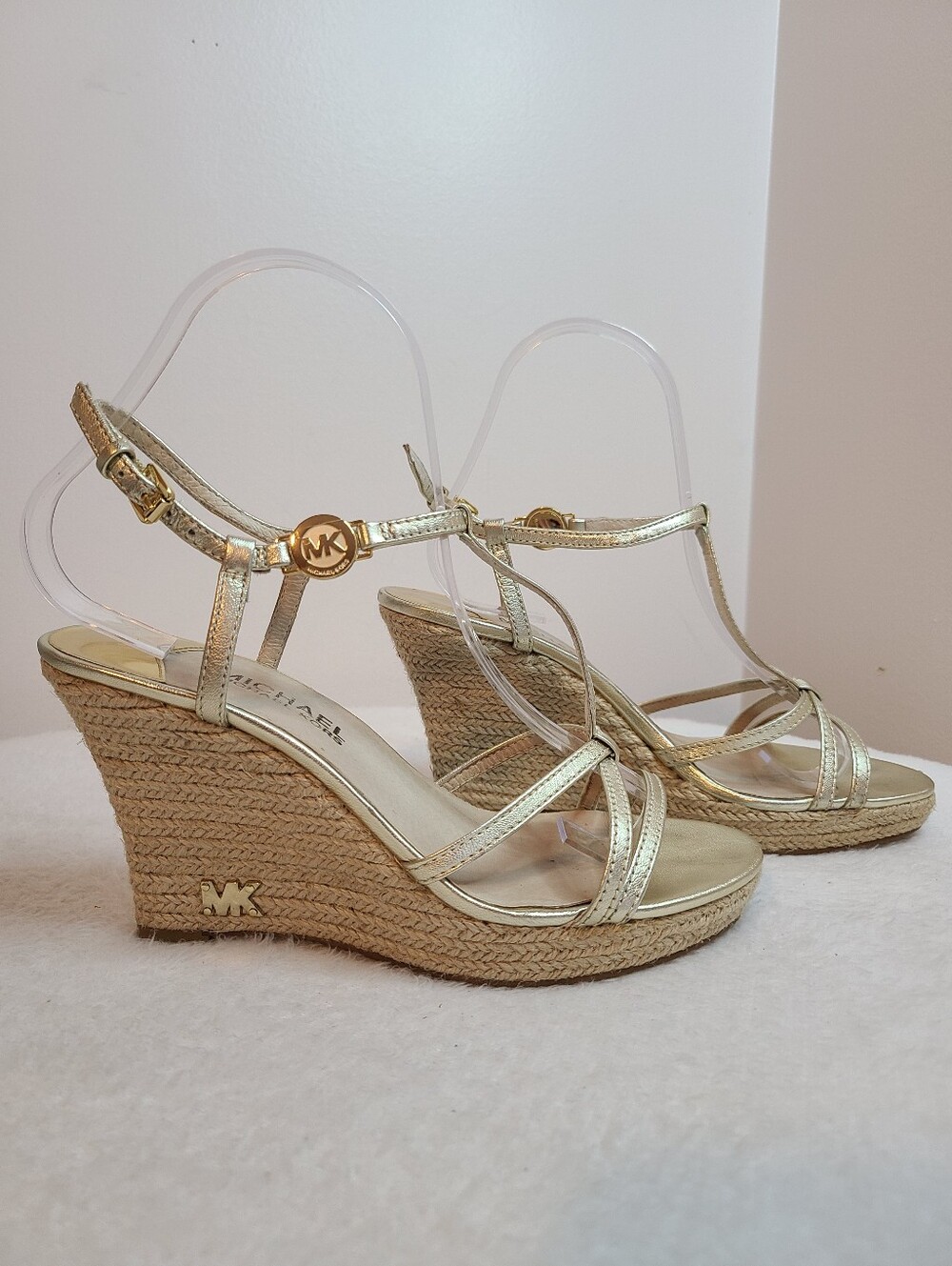 Michael Kors Kami T-strap Gold Leather Espadrille Wedge Sandals Size 6.5